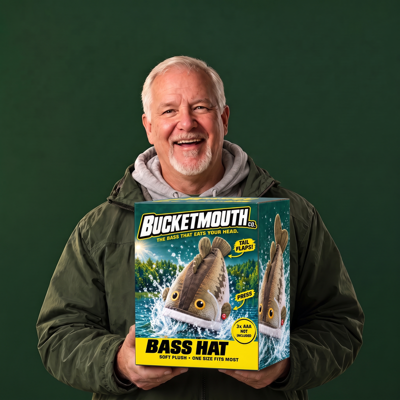 Fisherman holding the Bucketmouth Bass Hat box